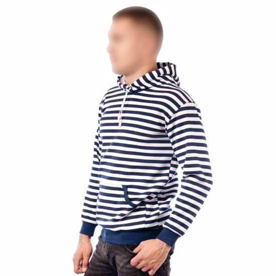 Blue hoodie with online white stripes